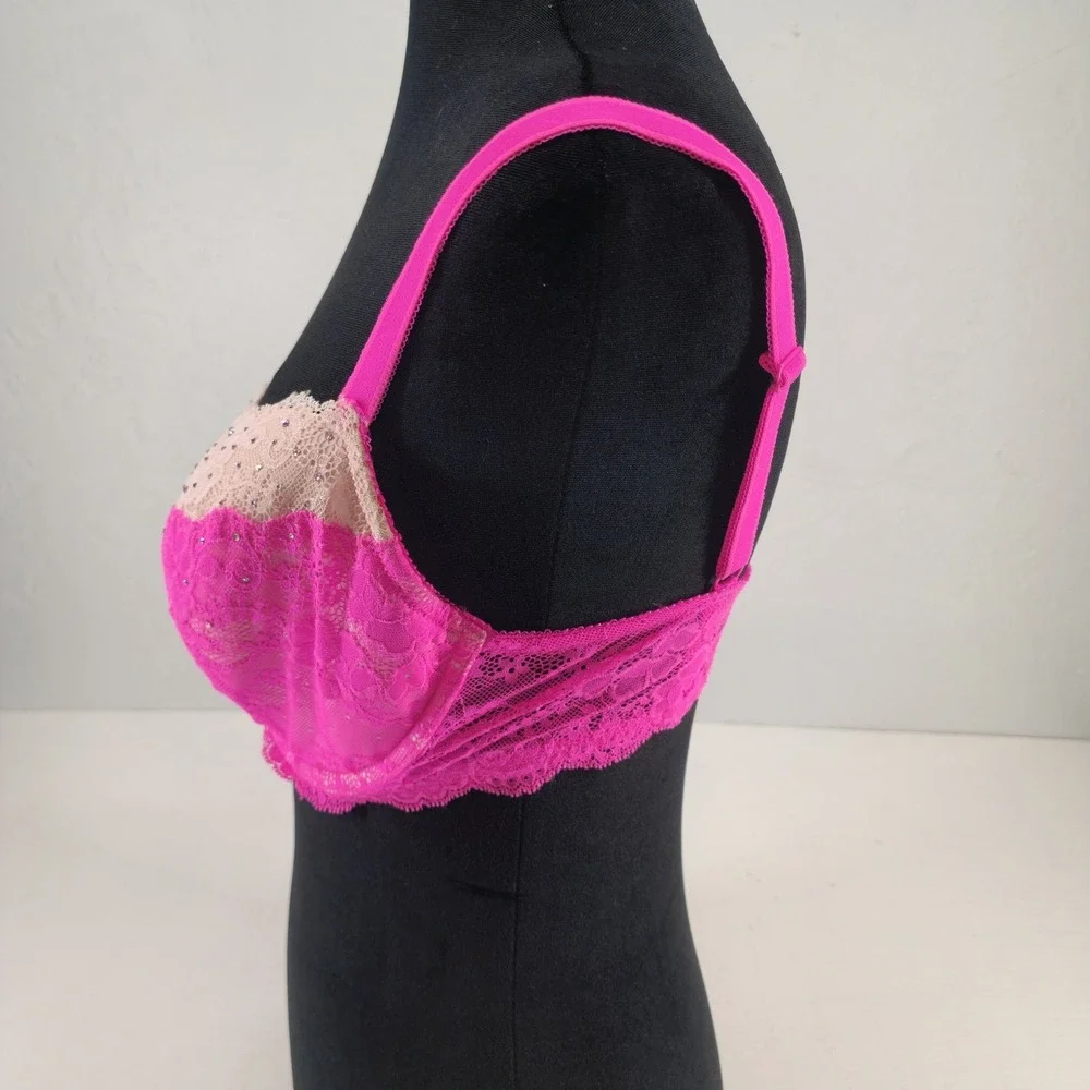 Victoria's‎ Secret Hot Pink Lace Rhinestone Dream Angels Lined Demi Bra 34DD